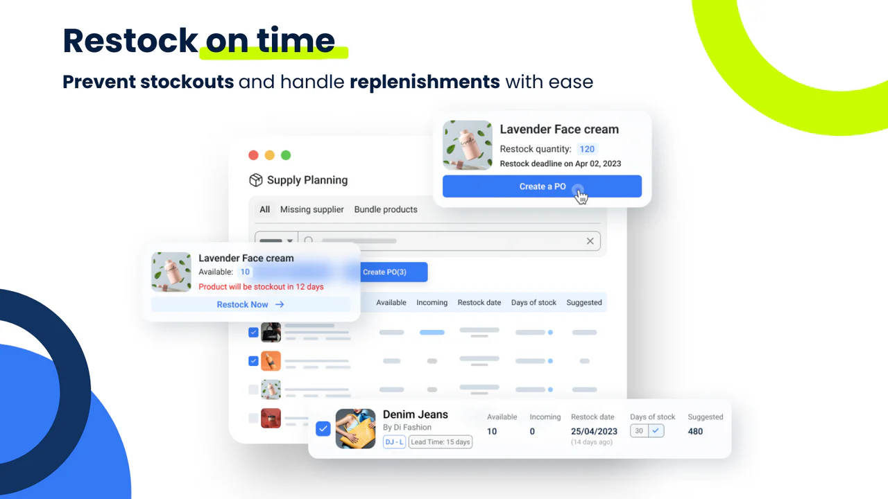 Kontrollieren & planen Sie das Inventar, verfolgen Sie eingehende SKUs & füllen Sie rechtzeitig auf