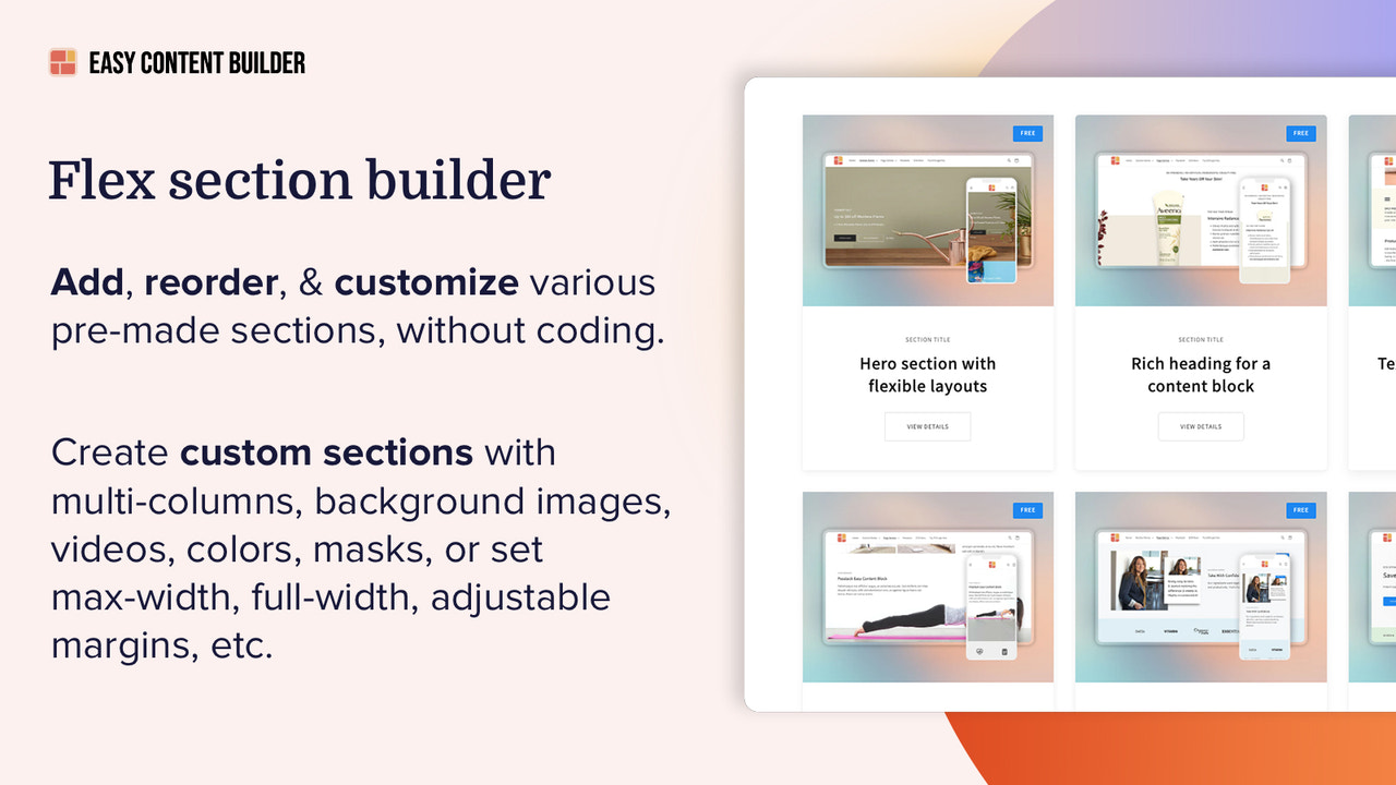 Flex section builder - easy to add, edit, reorder. Without Codin