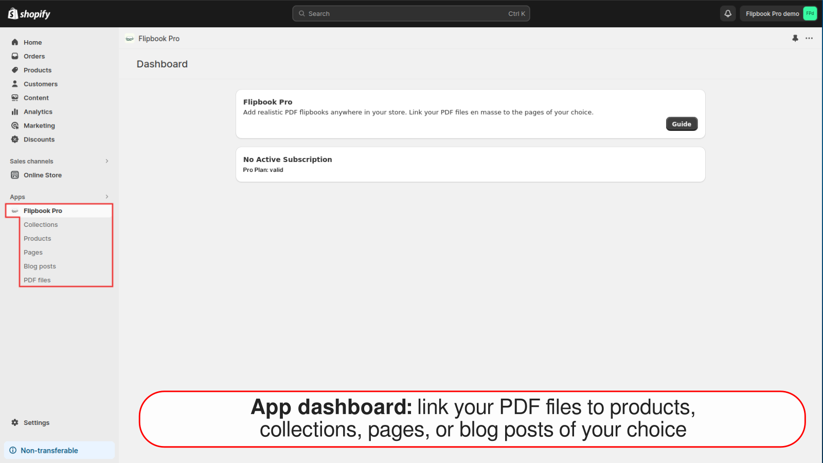 Panel de la aplicación: vincula PDF a productos, colecciones, páginas o blogs
