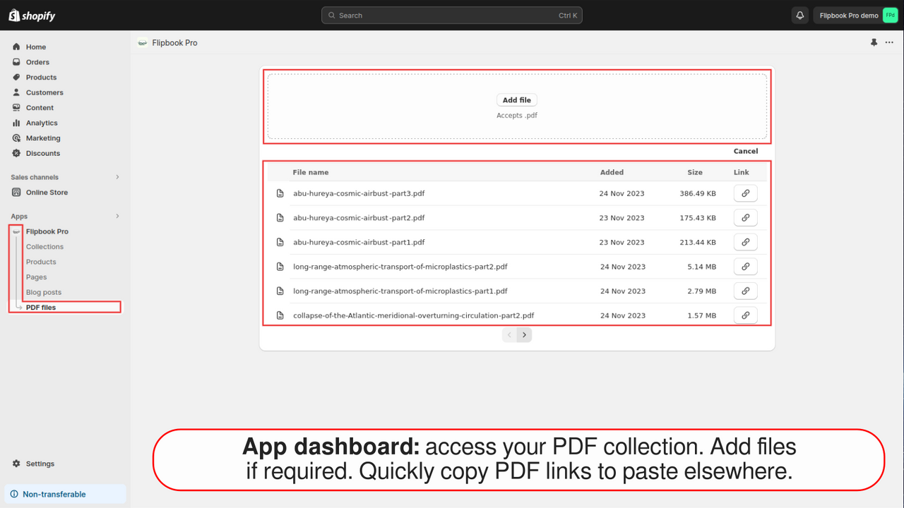 App dashboard: access the PDF collection, addd files, copy links