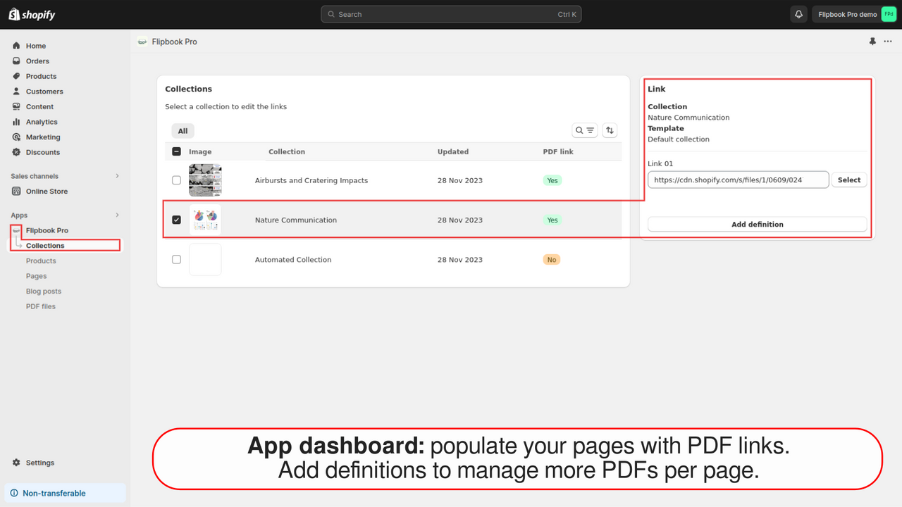 Tableau de bord de l'application : peuplez en masse les pages avec des liens PDF