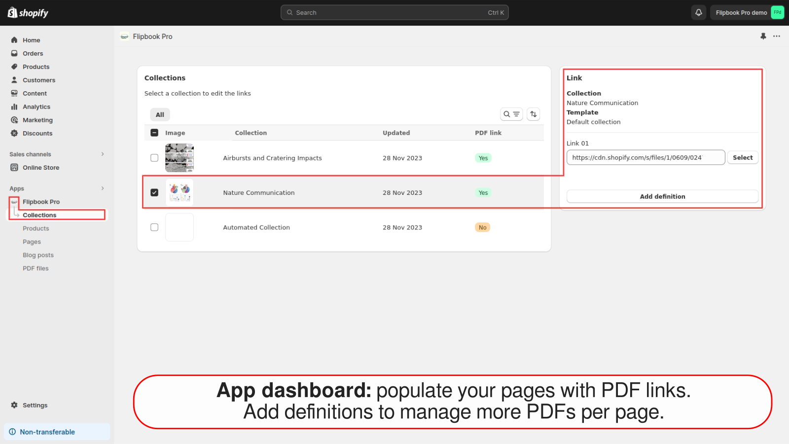 App-dashboard: befolker en masse siderne med PDF-links