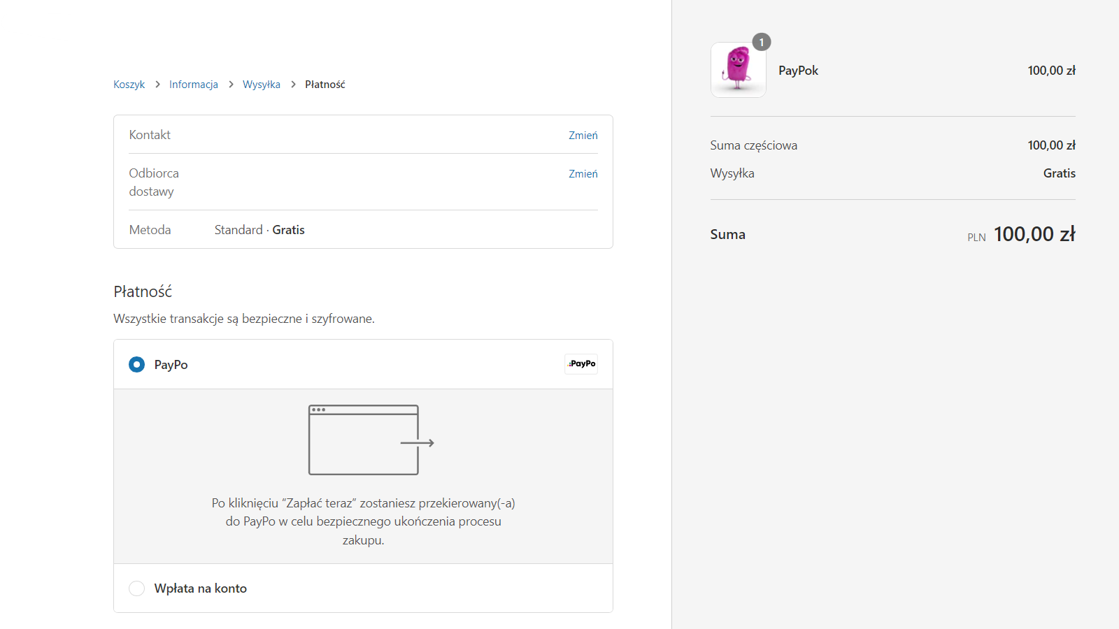 A screenshot of a checkout page with PayPo payment method.