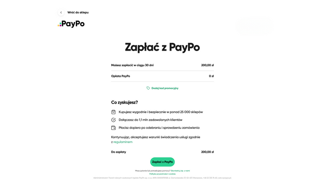 Et skærmbillede af en PayPo betalingsproces. 