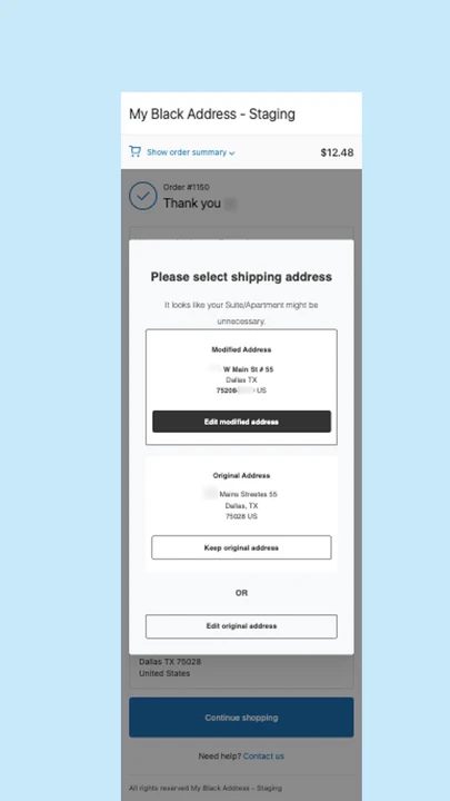 Invite de correction d'adresse - Vue mobile