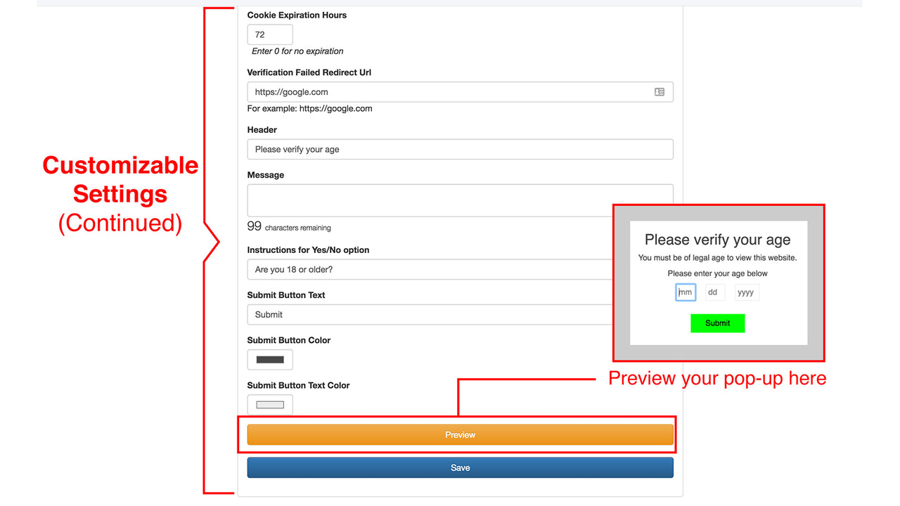 Tableau de bord administrateur de Age Verifier avec Aperçu