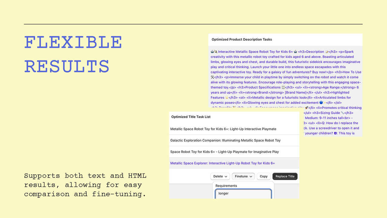 Resultados en texto y HTML para fácil comparación.