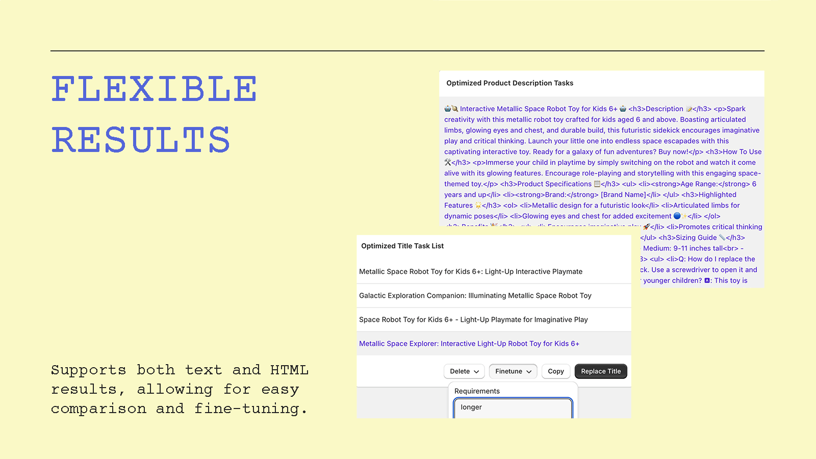 Resultaten in tekst & HTML voor eenvoudige vergelijking.