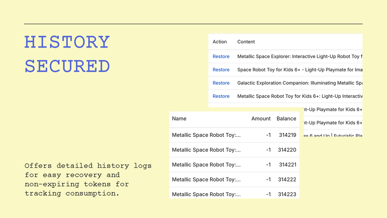 Detailed logs, perpetual tokens for consumption tracking.