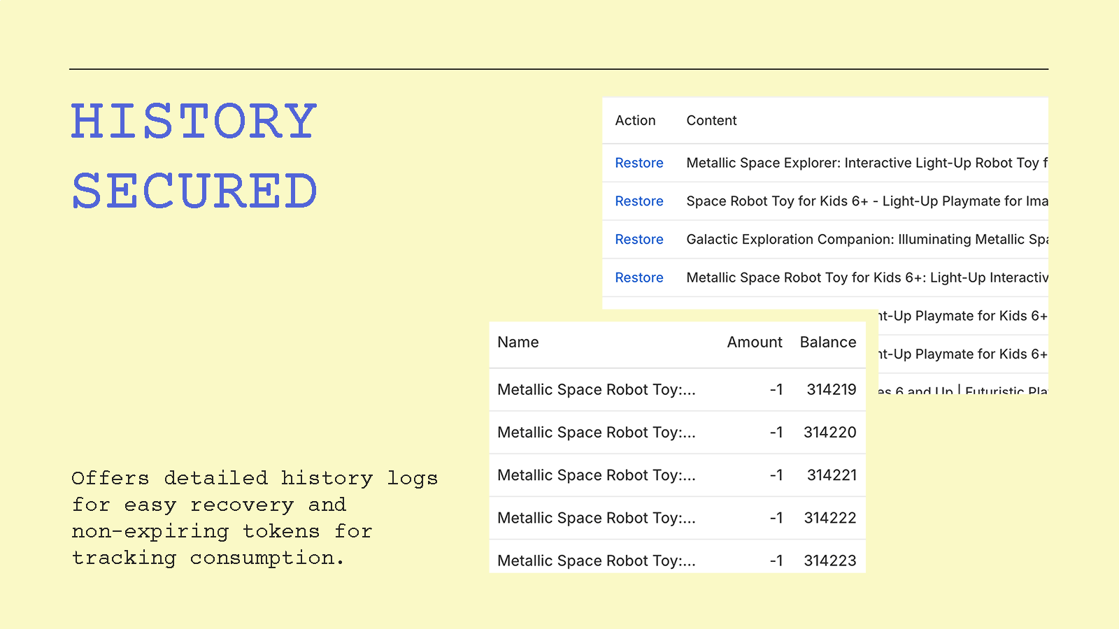 Detailed logs, perpetual tokens for consumption tracking.