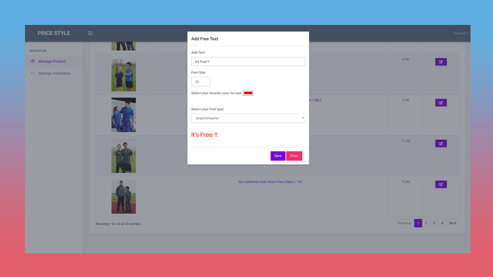 Página de configuración del producto