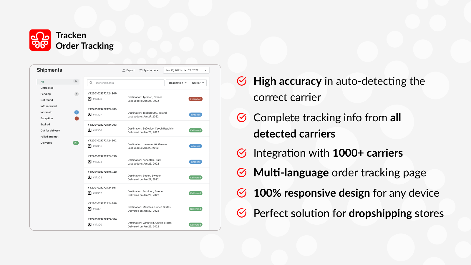 Tracken order tracking app features