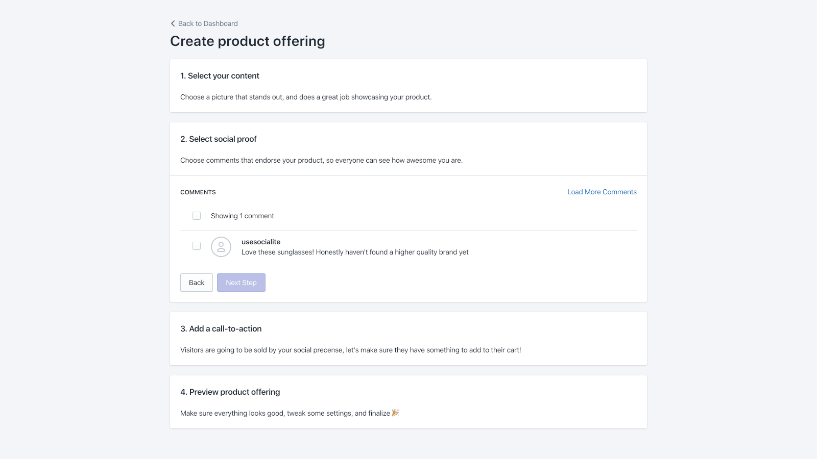 Socialite create offering select comments step