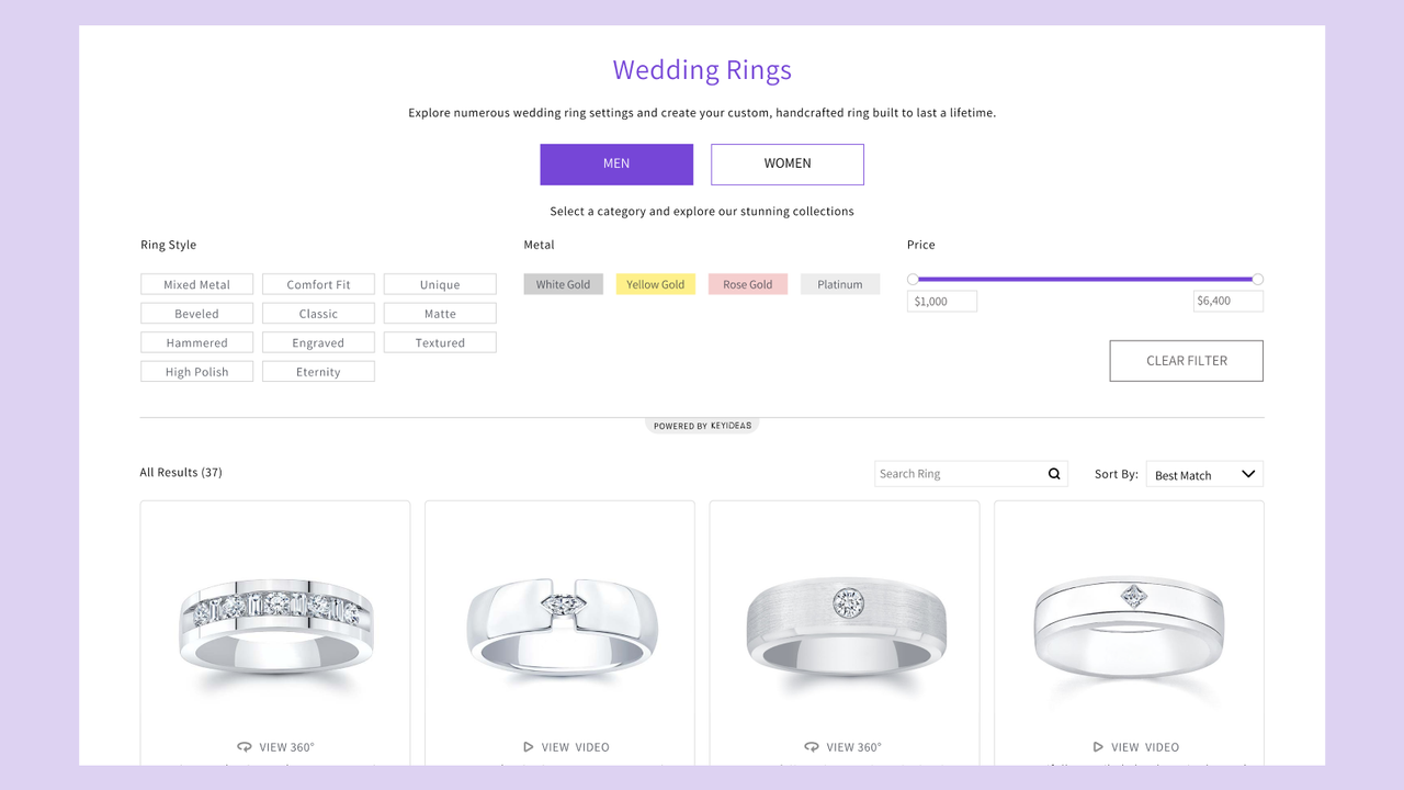 Wedding Bands Filter and Search for Jewelry Website 