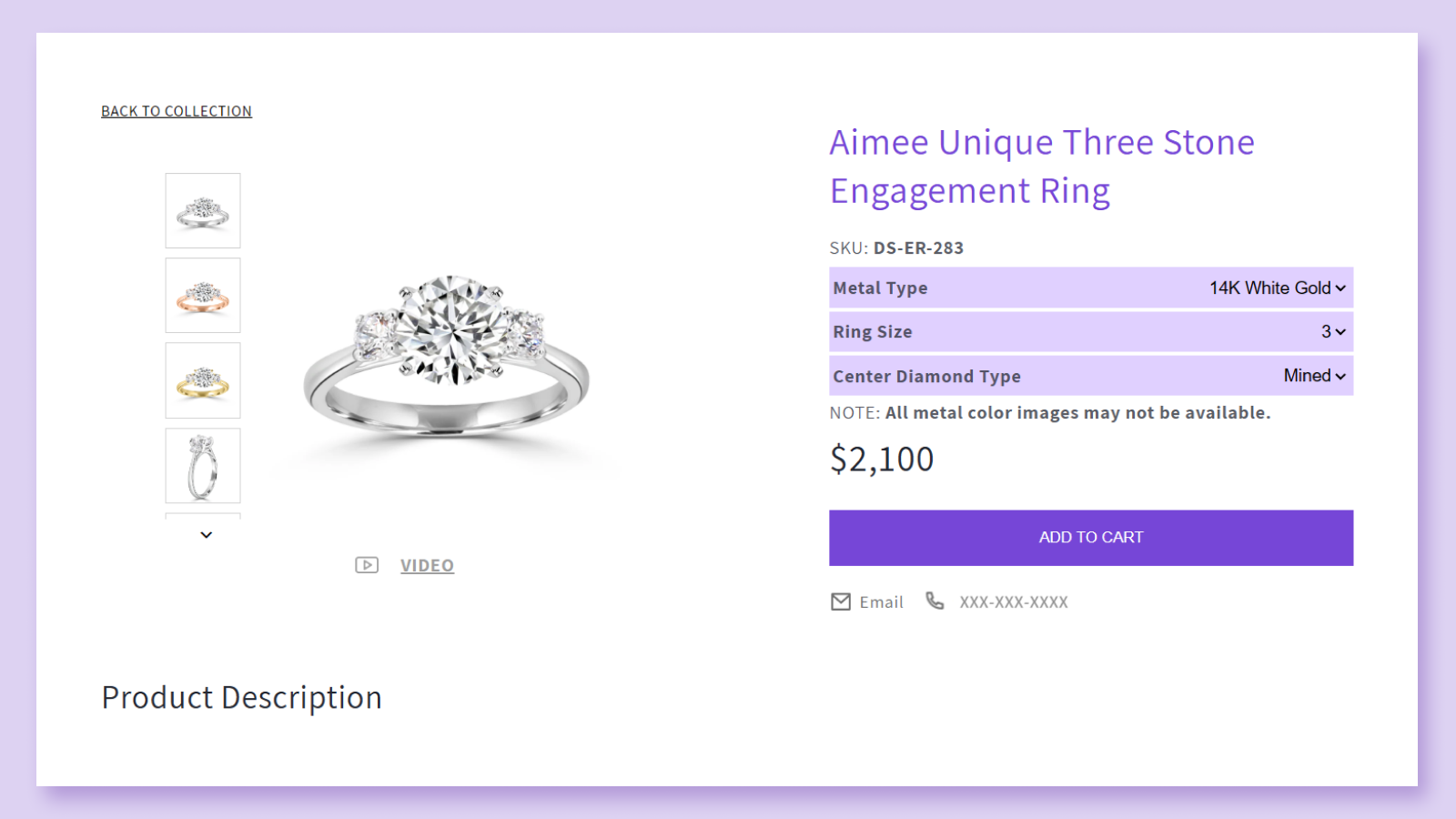 Show Jewelry Ring Detail Page with various variants