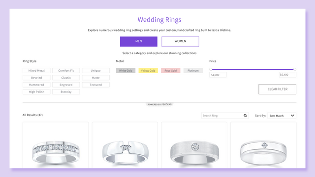 Vielsesringe filter og søgning for smykke-websted 