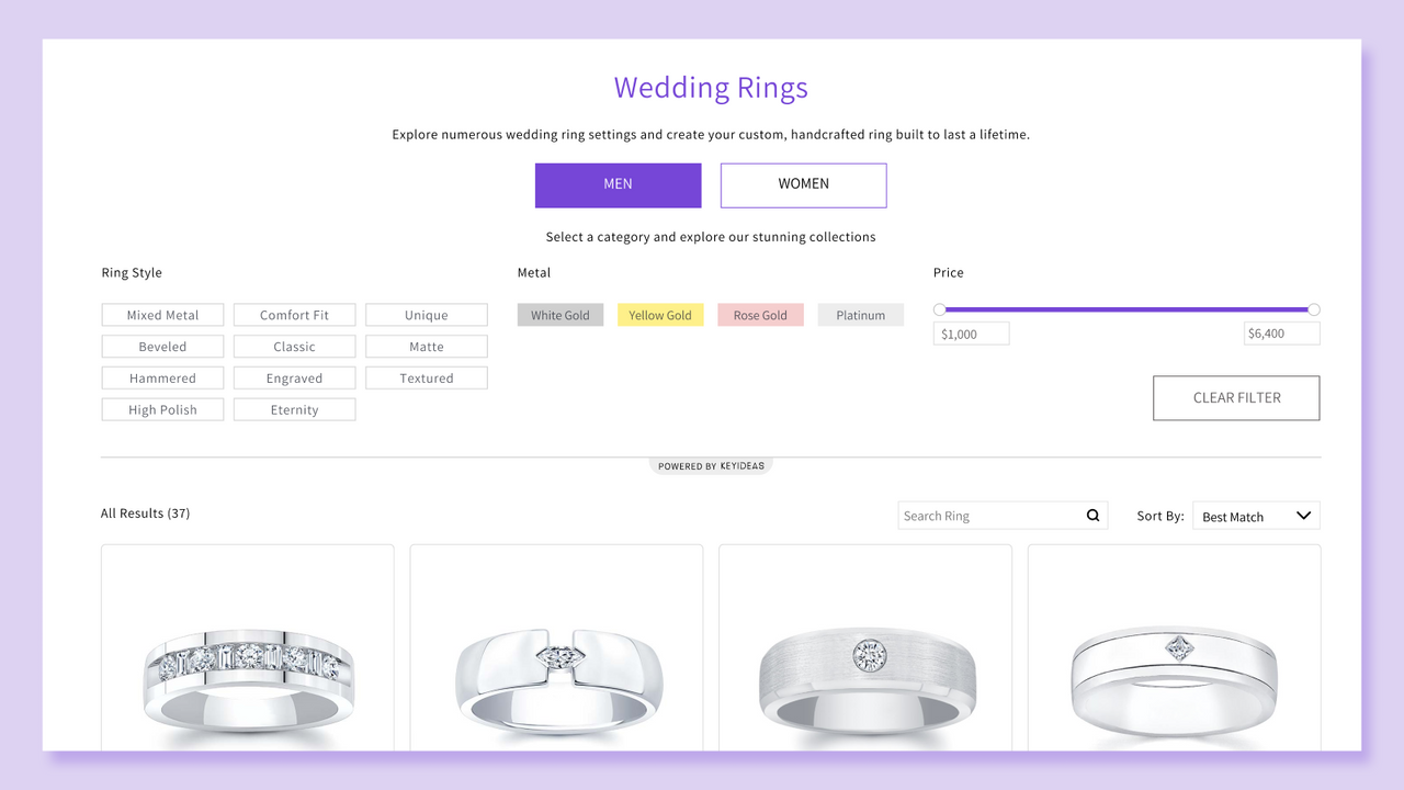 Filter und Suche für Eheringe auf einer Schmuck-Website