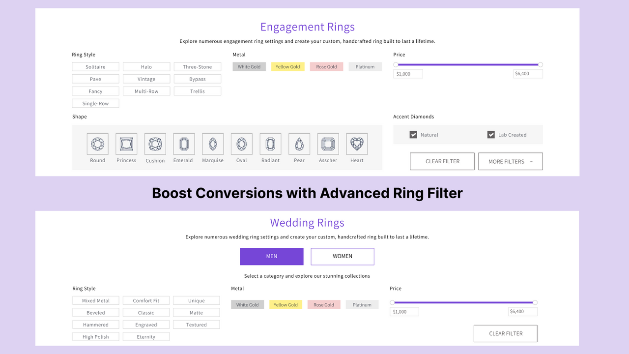 Engagement Ring Filter for A Jewelry Website