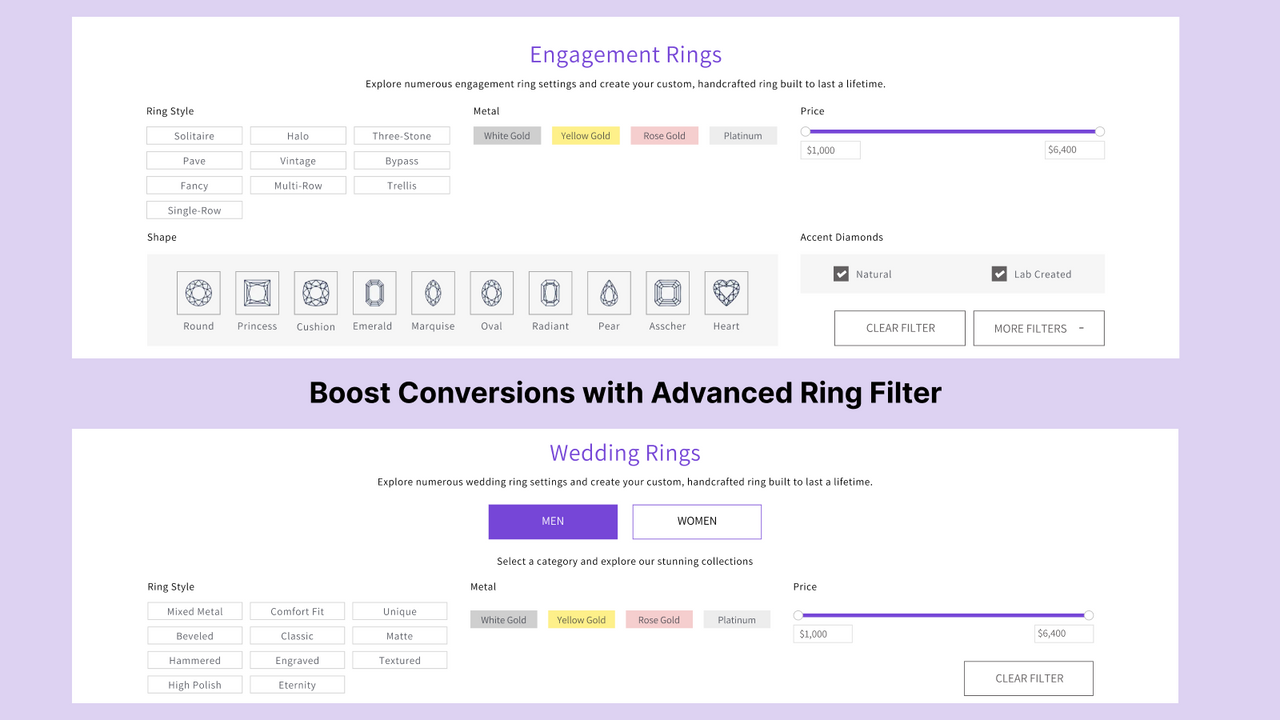 Filtro de anillo de compromiso para un sitio web de joyería