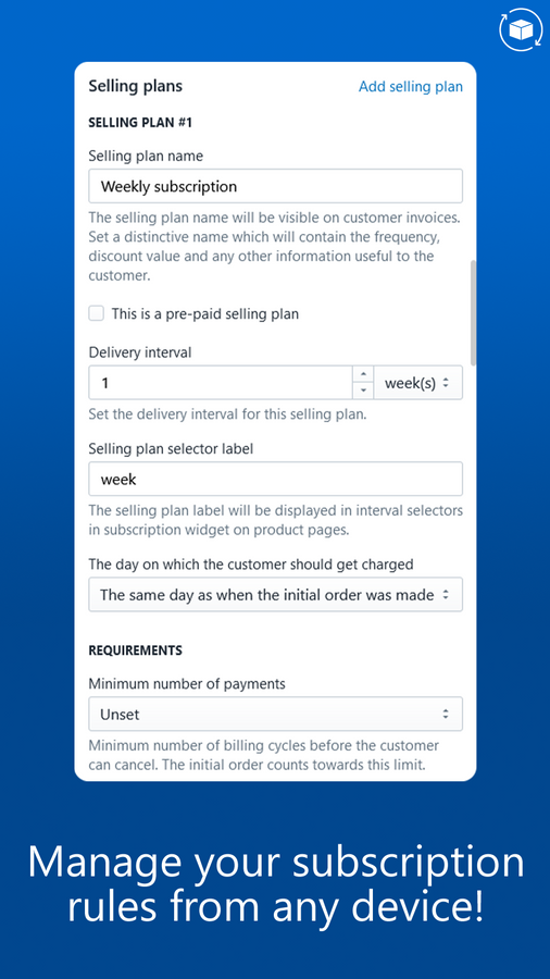 Interface de l'application d'abonnement pour gérer les abonnements dans Shopify
