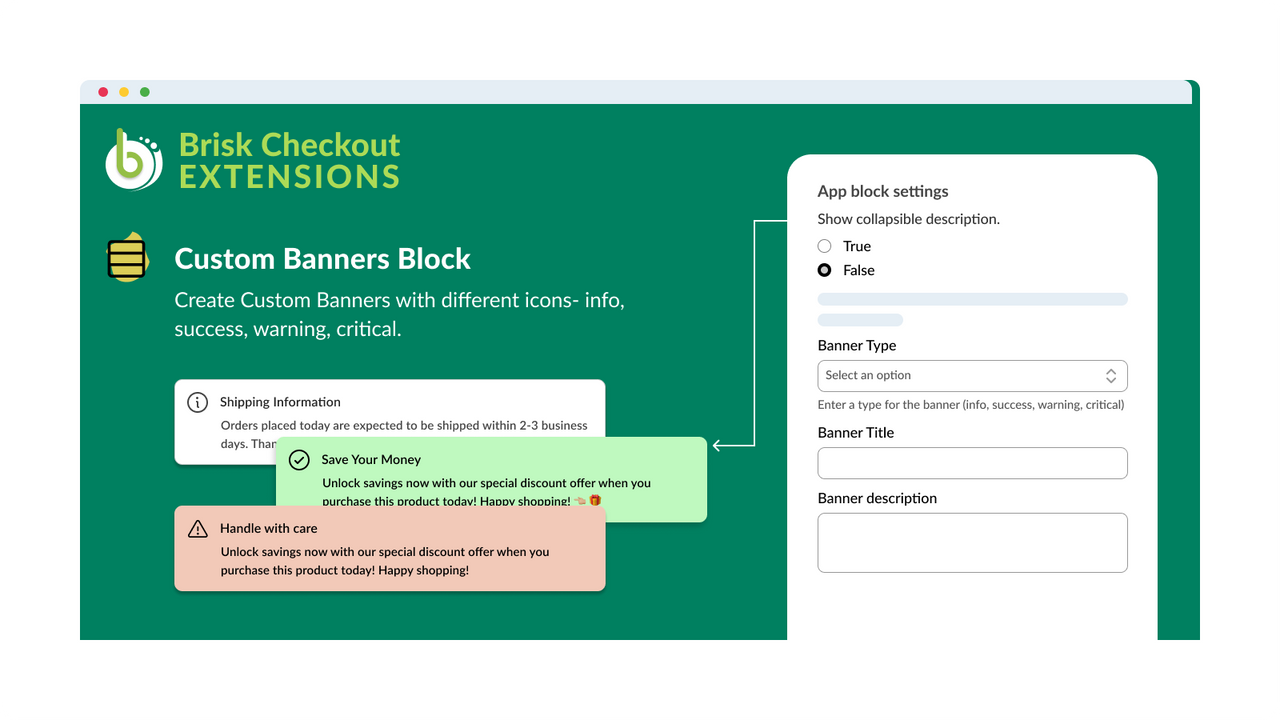 Brisk Checkout Extensions - Brugerdefinerede Bannere Block