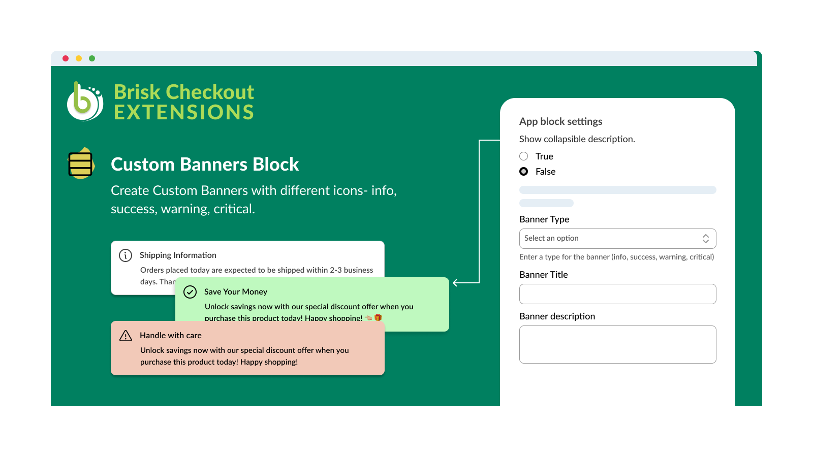 Brisk Checkout Extensions - Aangepaste Banners Blok