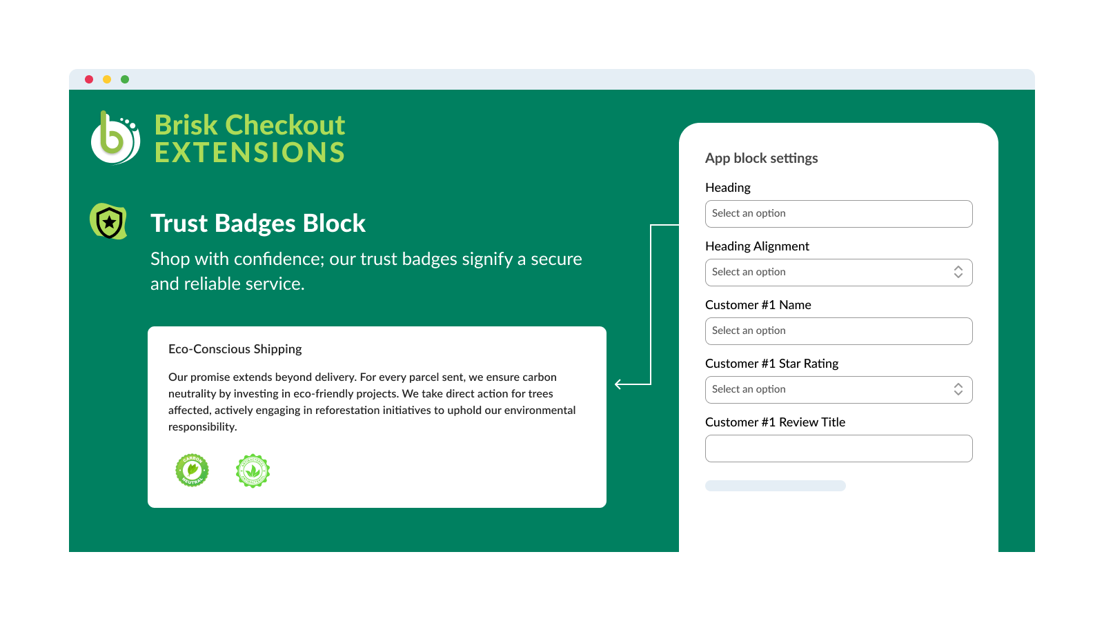 Extensões de Checkout Brisk - Bloco de Emblemas de Confiança