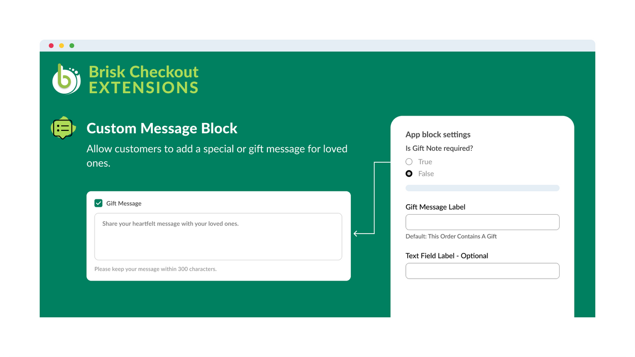 Brisk Checkout-Erweiterungen - Geschenknachricht-Block