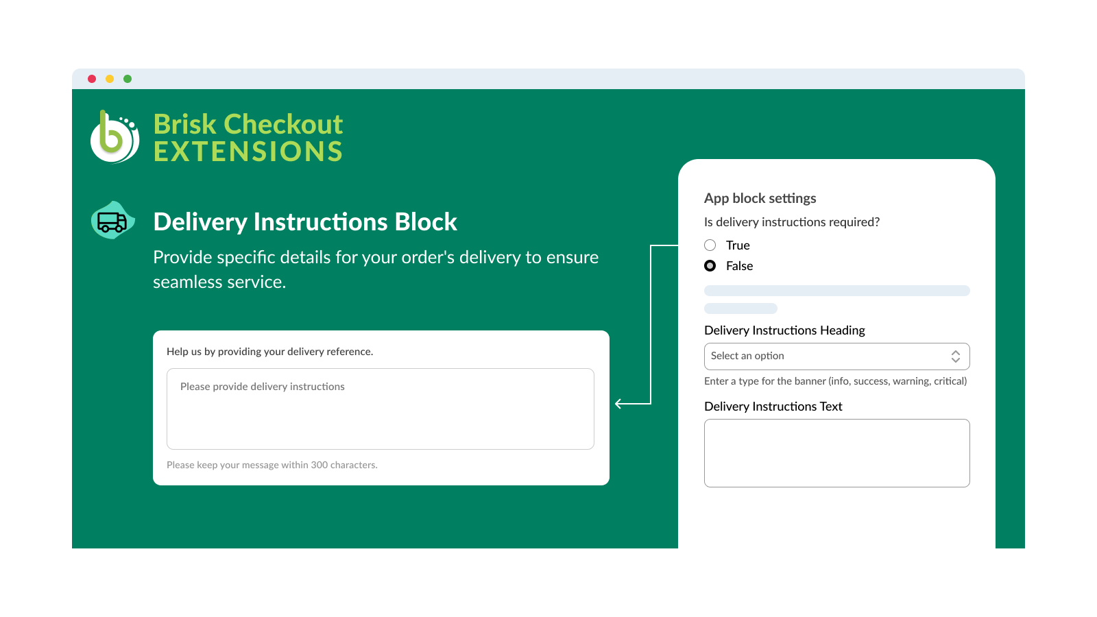 Extensões de Checkout Brisk - Bloco de Instruções de Entrega