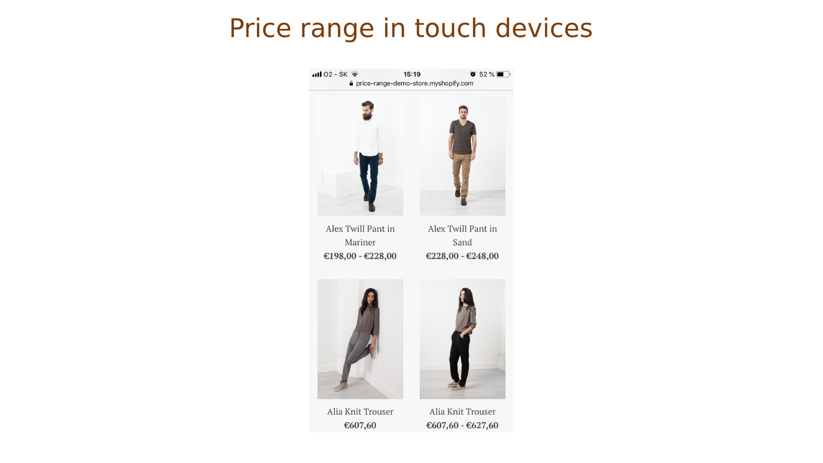 Price ranges for products in touch devices