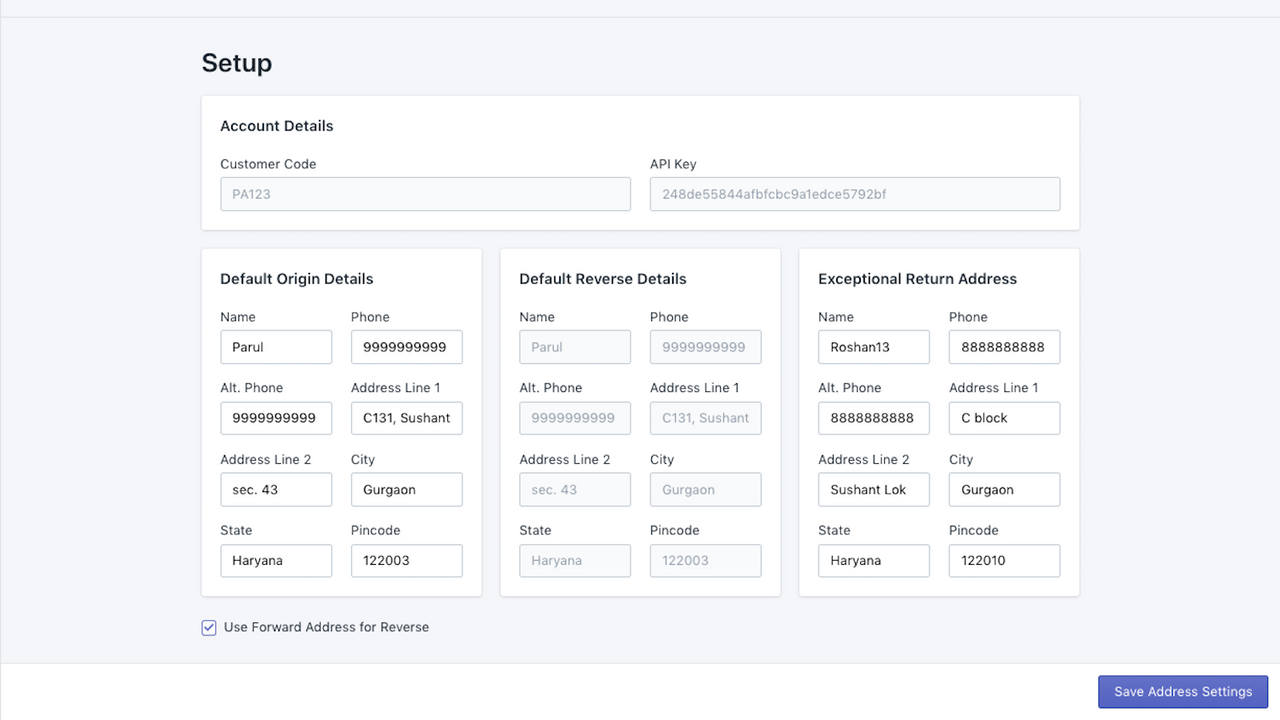 Página de configuración de la aplicación