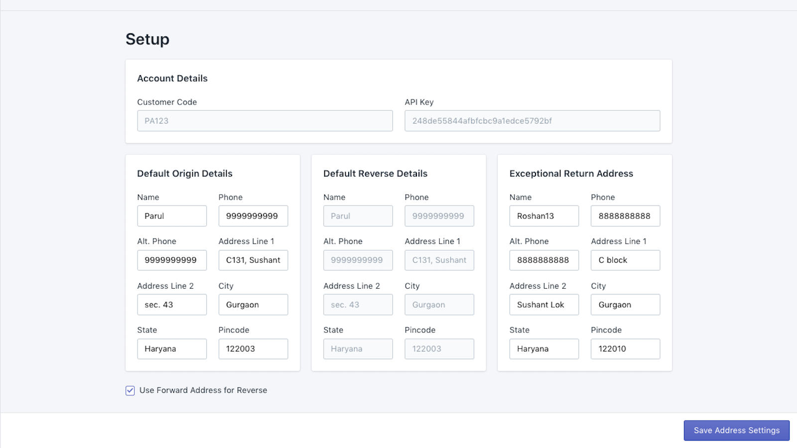 Page de configuration de l'application