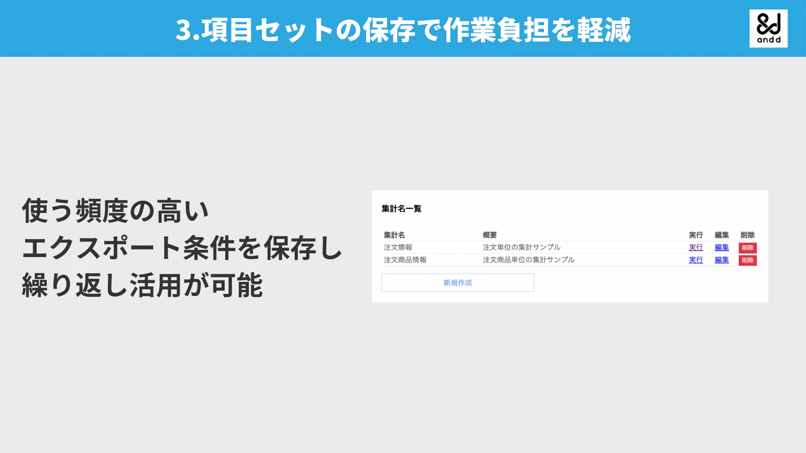 使う頻度の高いエクスポート条件を保存し、繰り返し活用が可能