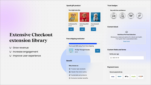Extensões de checkout como emblemas de confiança, pagamento e ícones sociais