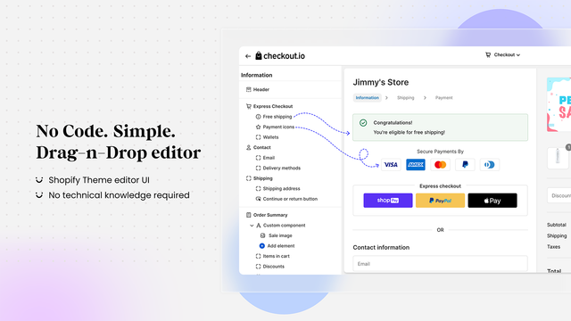 Editor de pago de Shopify de arrastrar y soltar sin código