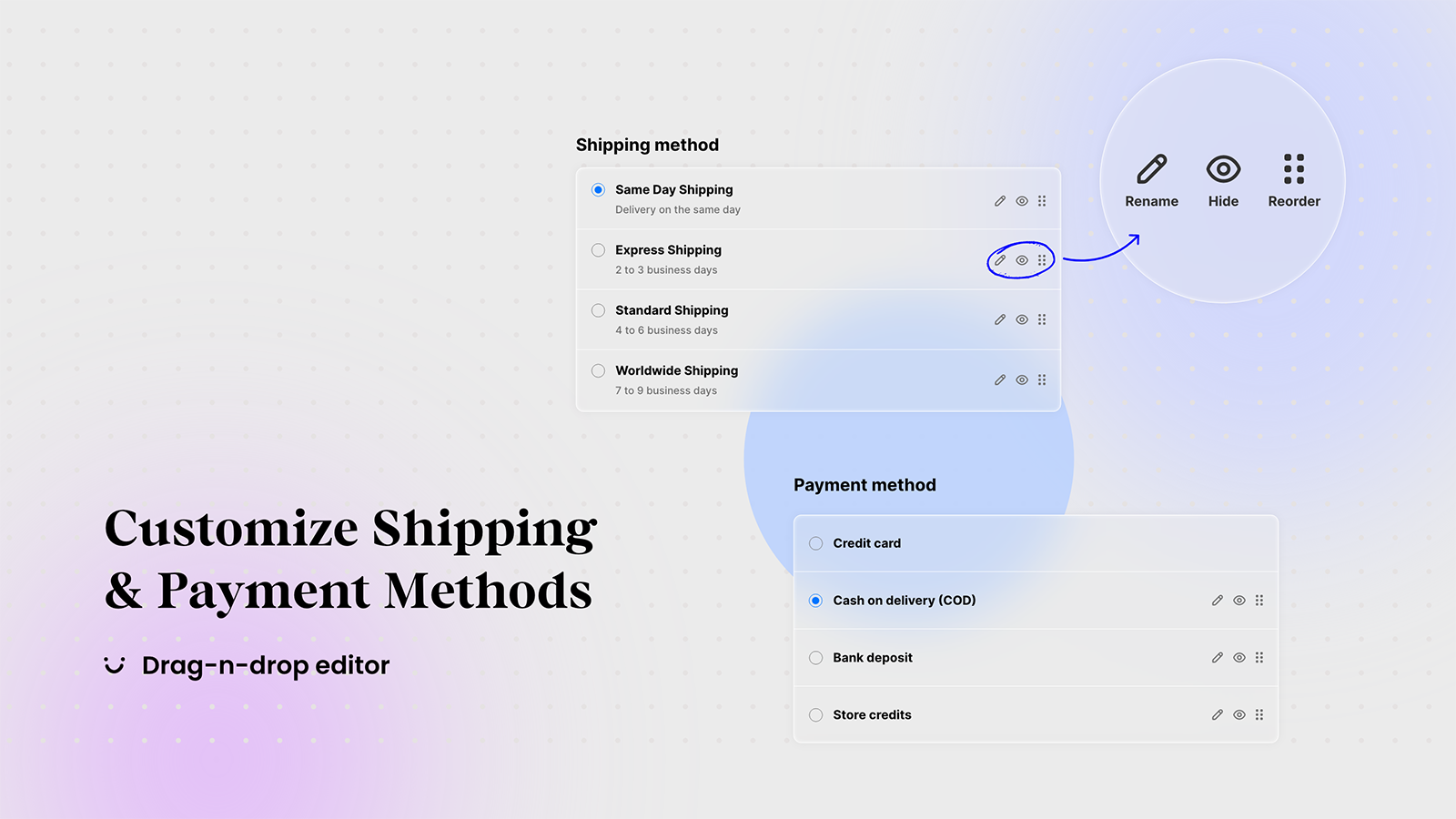 Shipping and payment method customizations