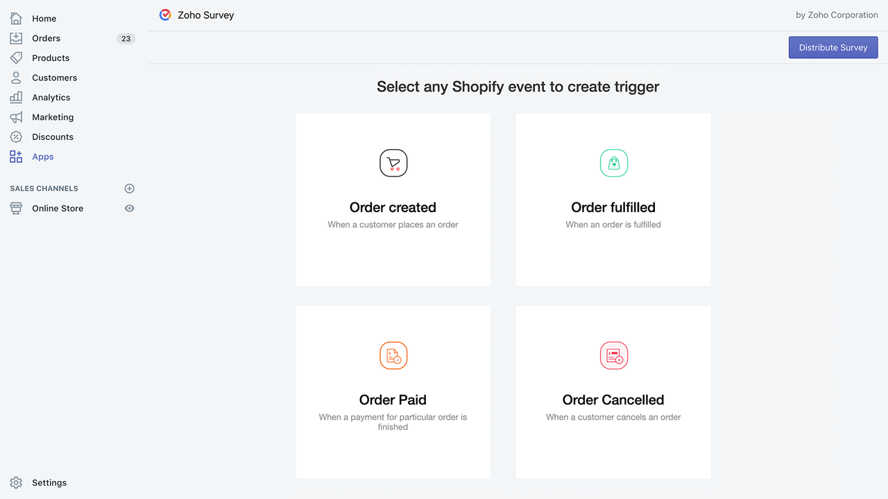 Crie gatilhos para enviar pesquisas automaticamente para eventos do Shopify