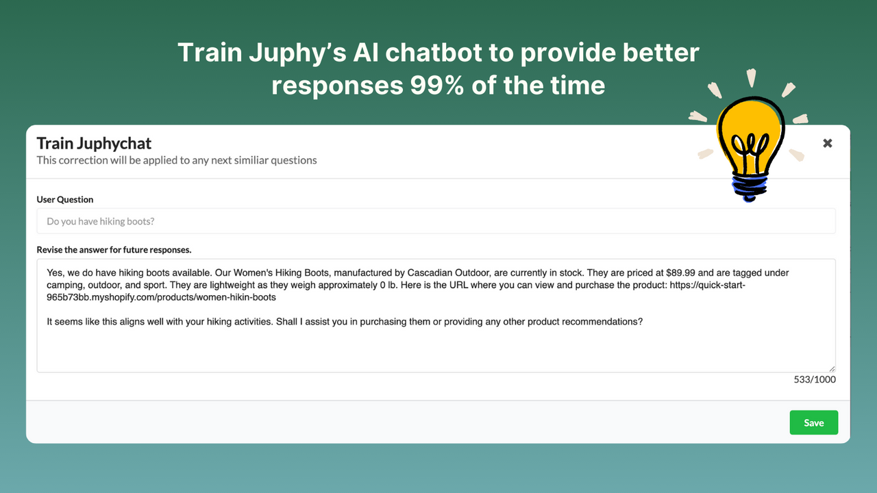 Treine o Assistente de Compras de IA do Juphy para dar respostas melhores