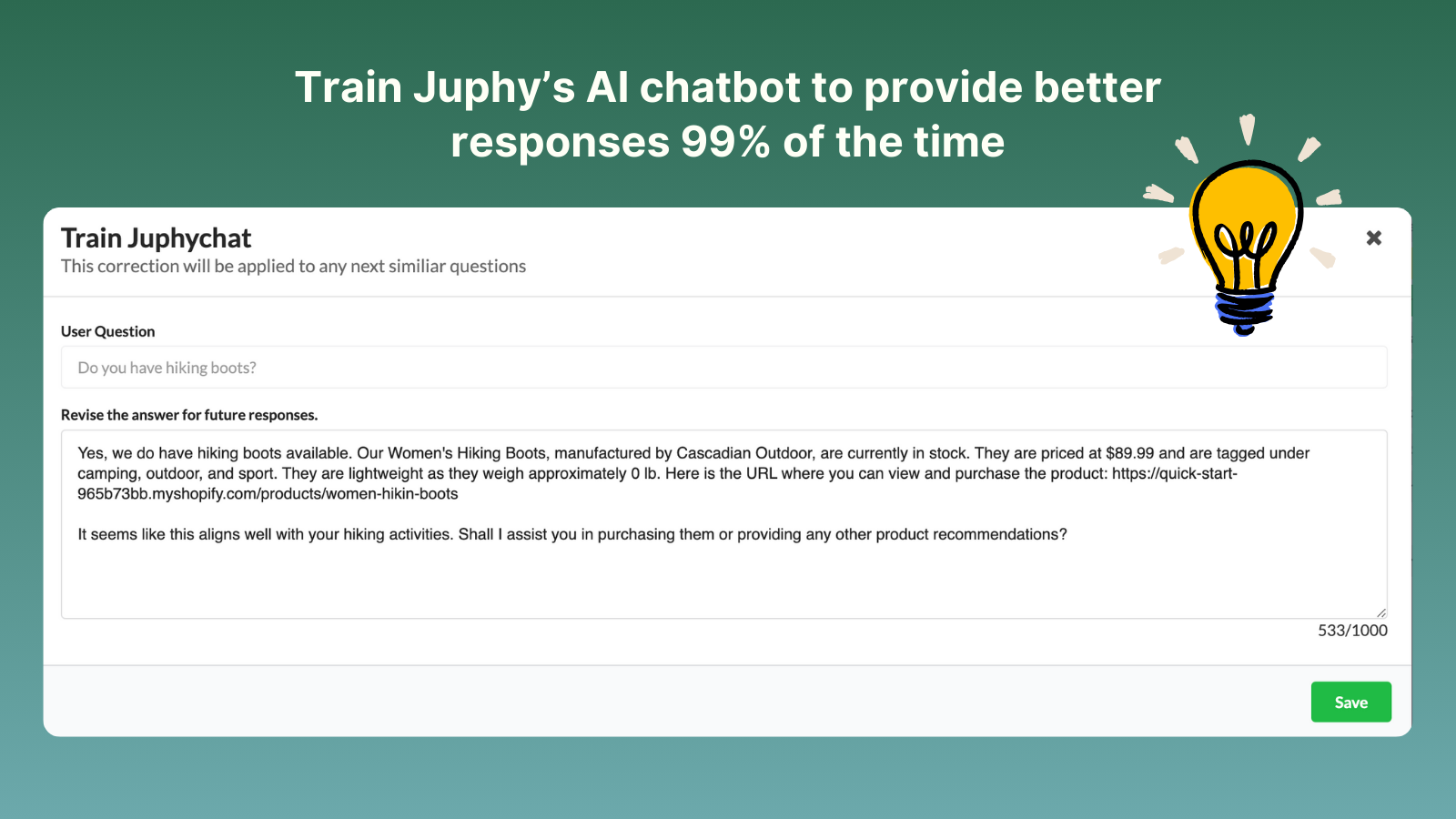 Træn Juphy's AI Shopping Assistant til at give bedre svar