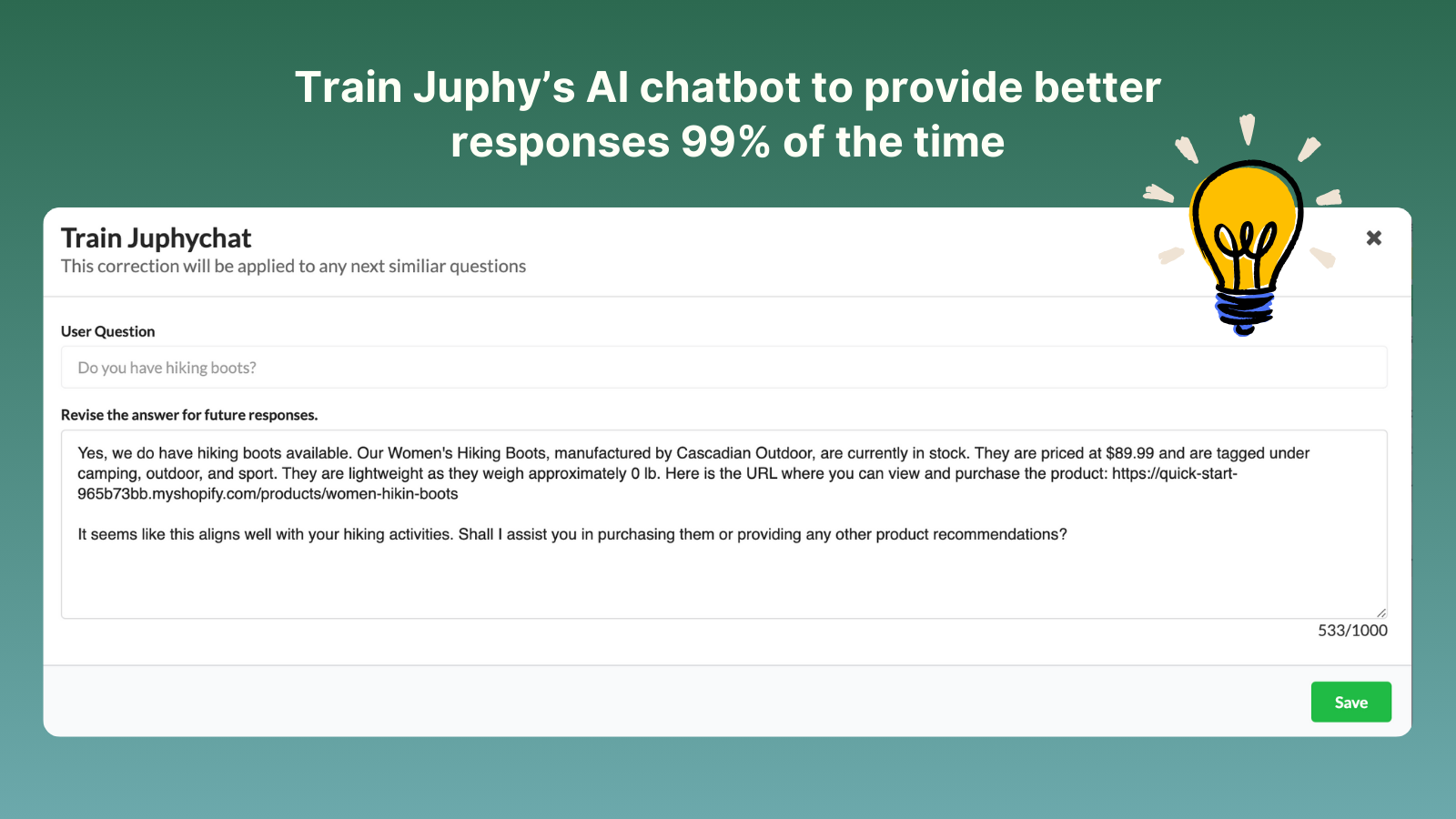 Treine o Assistente de Compras de IA do Juphy para dar respostas melhores