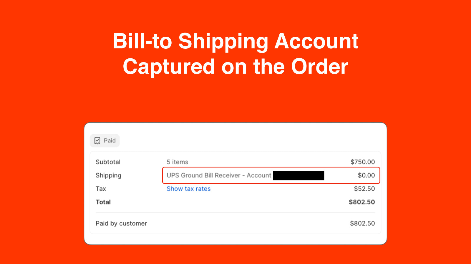 Shipping account number capture on Shopify Order page.