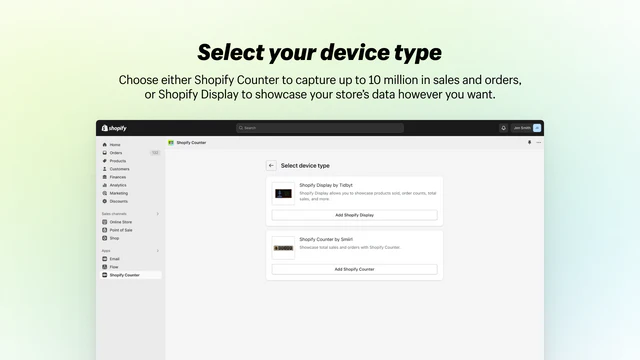 Two devices are shown: Shopify Display and Shopify Counter