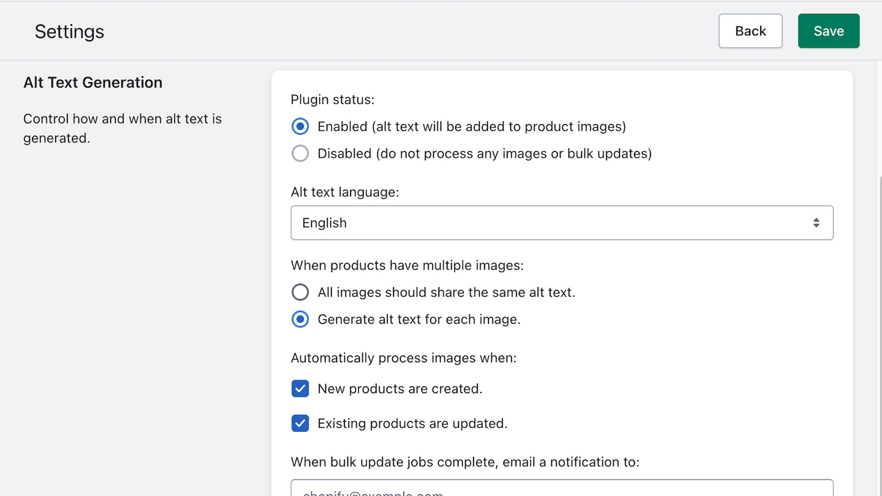 Página de configurações para controlar a geração de texto alternativo.