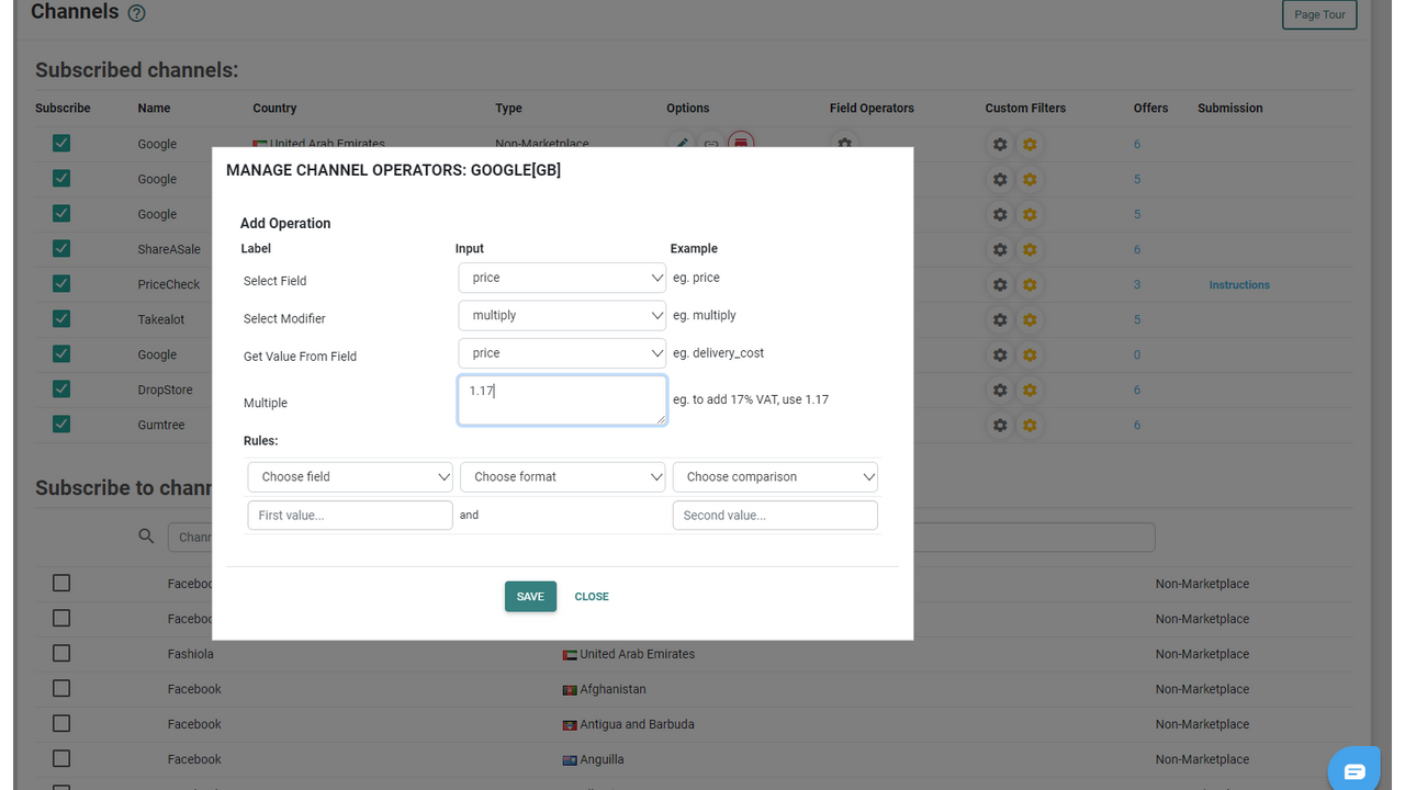 specific data modifiers per channel