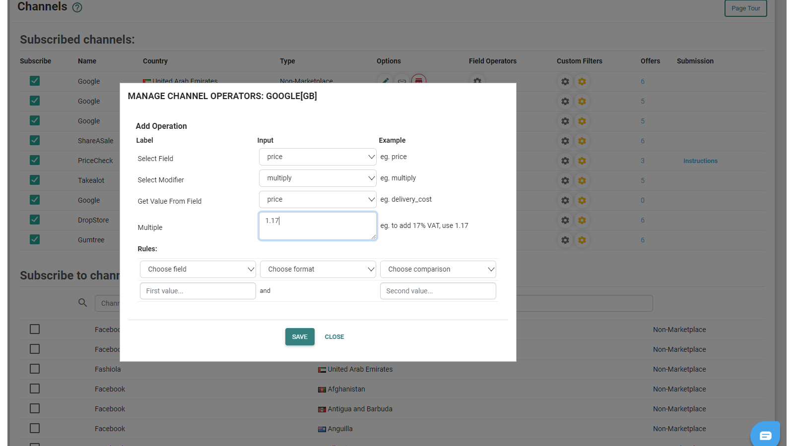 specific data modifiers per channel