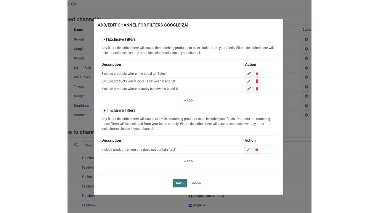 comprehensive filters per channel