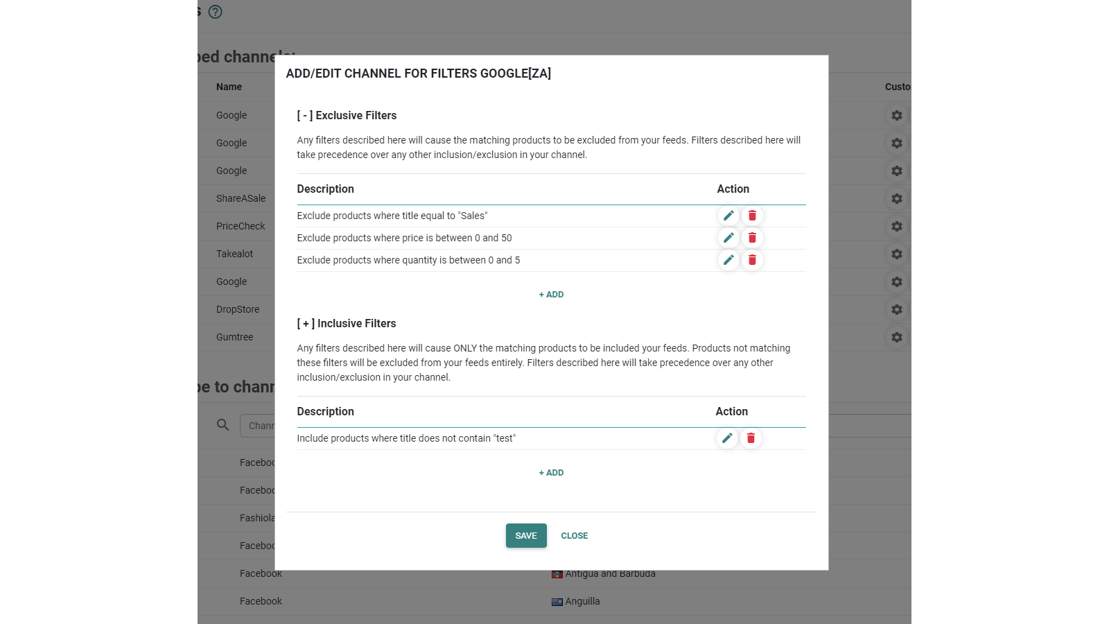 comprehensive filters per channel