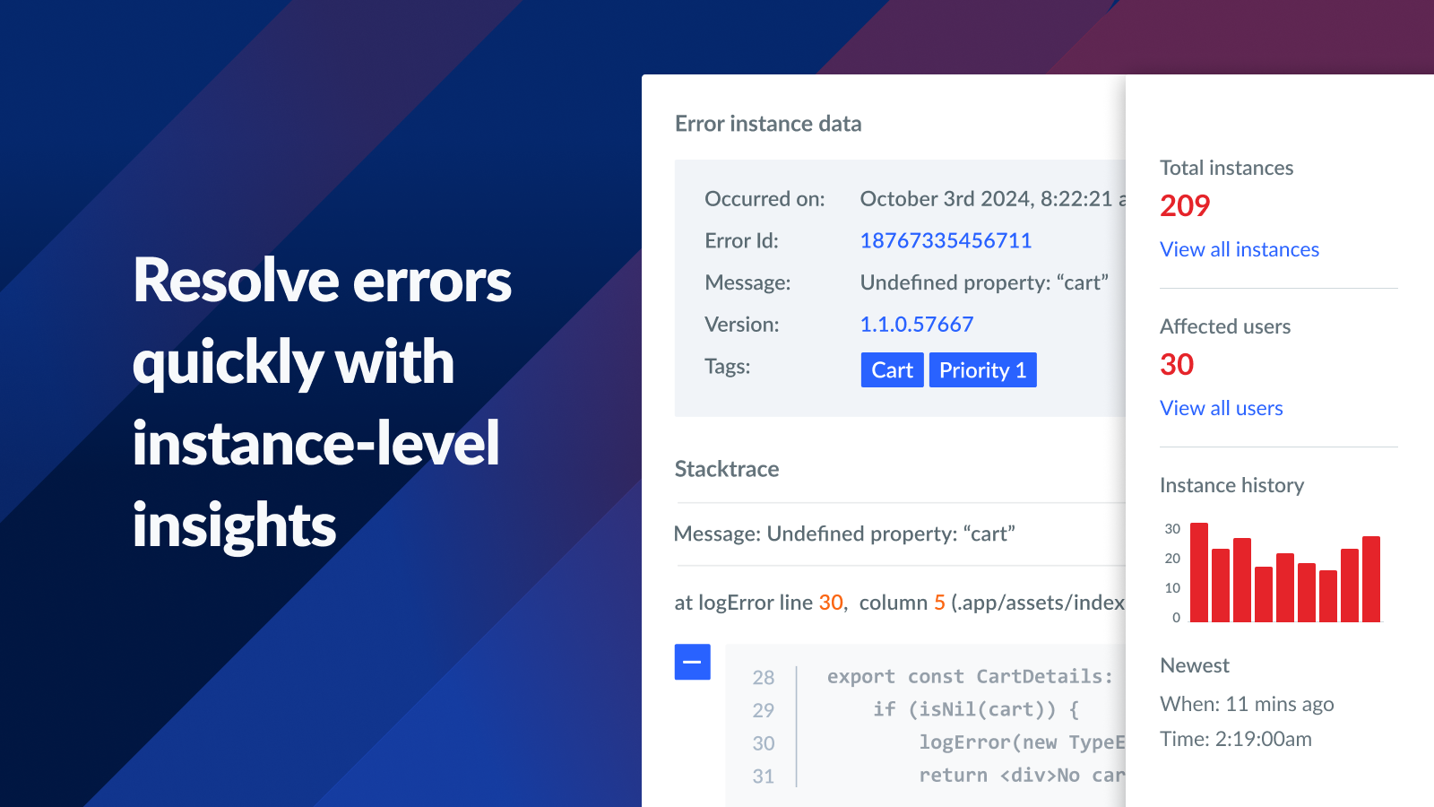 Diagnósticos de instância de erro do Crash Reporting