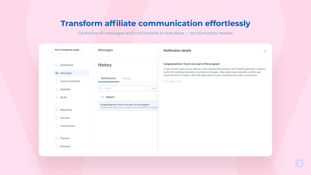 In-platform messengaer to handle all affiliate communications