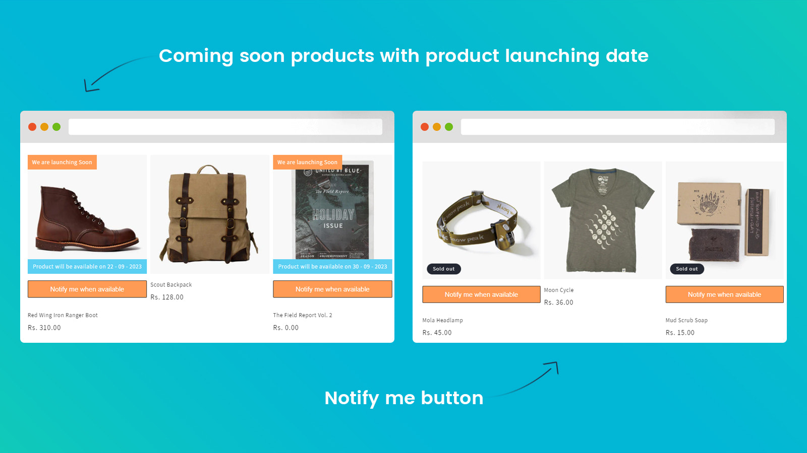 bald erhältliches Produkt und 'Benachrichtigen Sie mich'-Button auf der Produktlisten-Seite